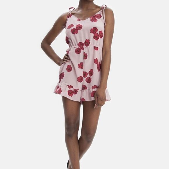Tucker The Cami Ruffle Romper Pink Poppy in Crepe de Chine Silk Floral Tie Strap - Picture 1 of 12